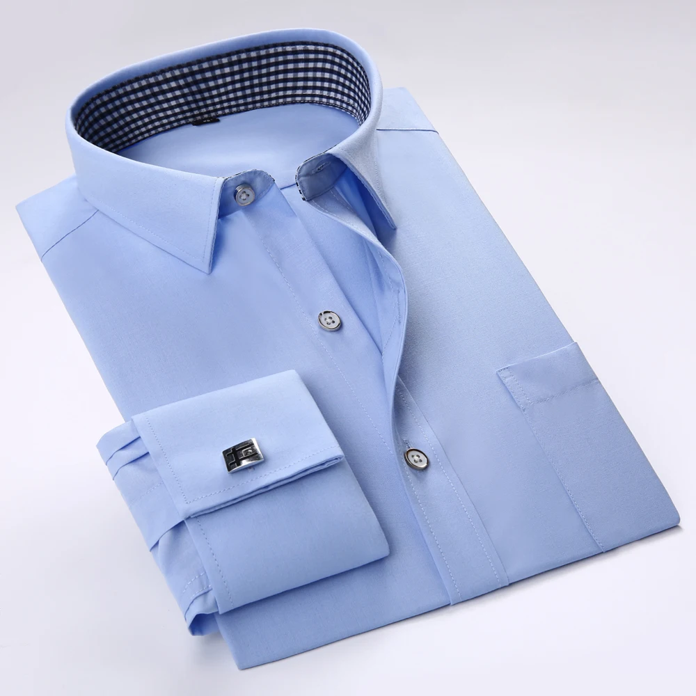

Classic Men's Elegant French Cuff Spread Collar Business Fitted Dress Shirt with Left Chest Pocket & Free Random Metal Cufflinks