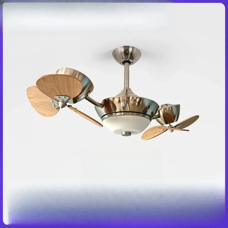 Double-headed creative ceiling fan, a wood grain living room dining room fan light chandelier fan Nordic modern