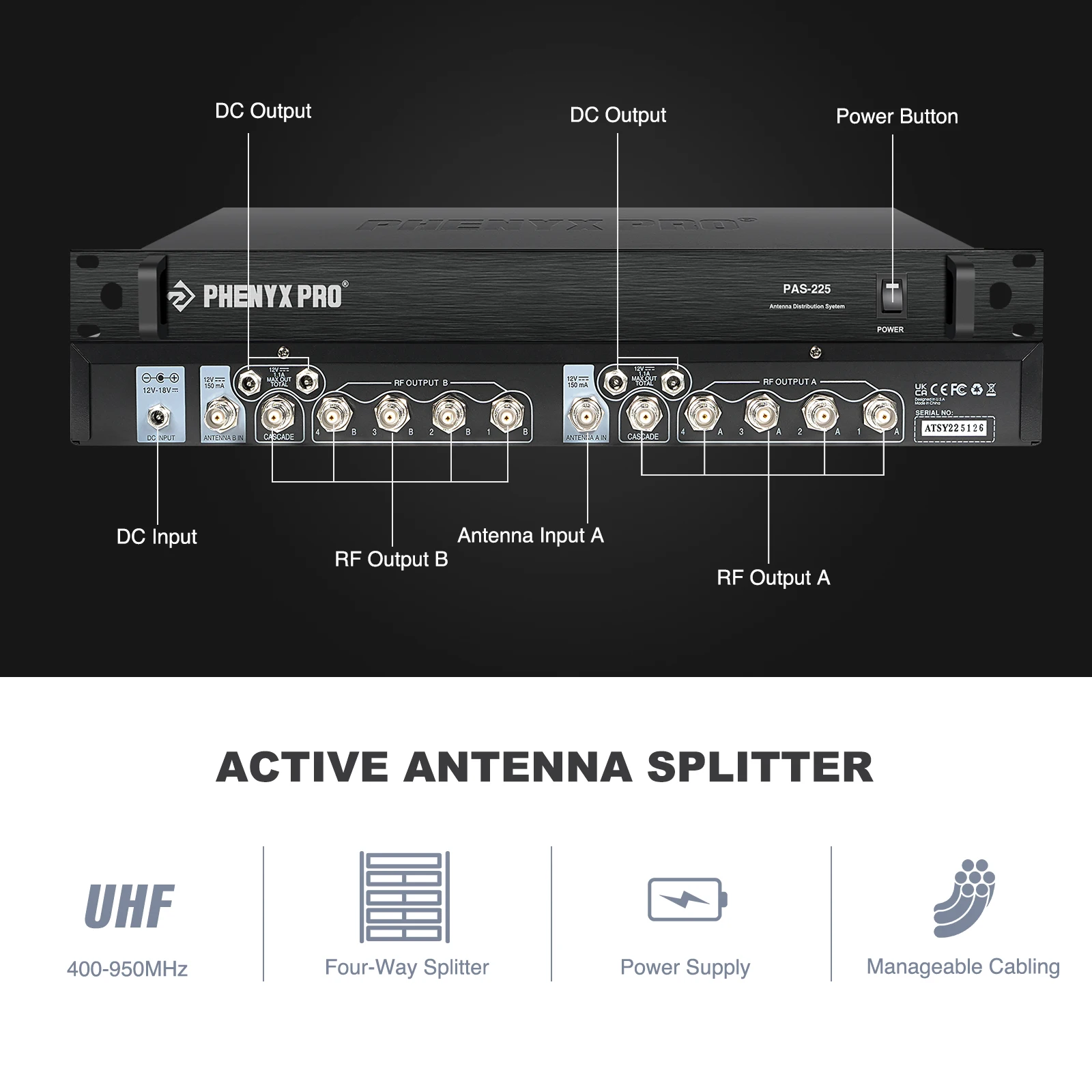 Phenyx Pro UHF 무선 안테나 분배 시스템 번들, 액티브 지향성 안테나, 8 출력 + 2 캐스케이드 포트 PAS-225X