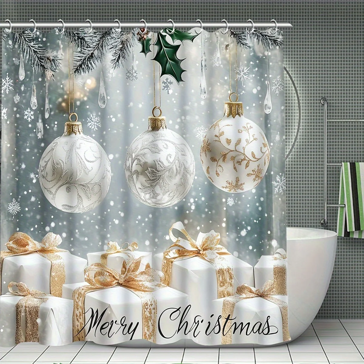 4Pcs Xmas Bath Set – Housewarming Gift, 12 Hooks, Non-Slip Mat, U-Cover & Seat, Shower Curtain, Modern Bathroom Decor