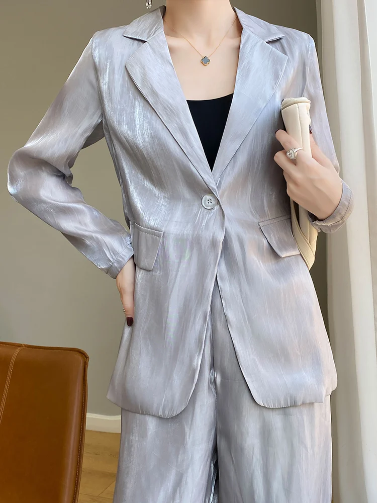 

Summer 2025 Women's Casual Wide Leg Pants Jacket Set Loose Fit Slimming Satin Collar Suit Style Long Sleeve V-Neck Commute Fa...