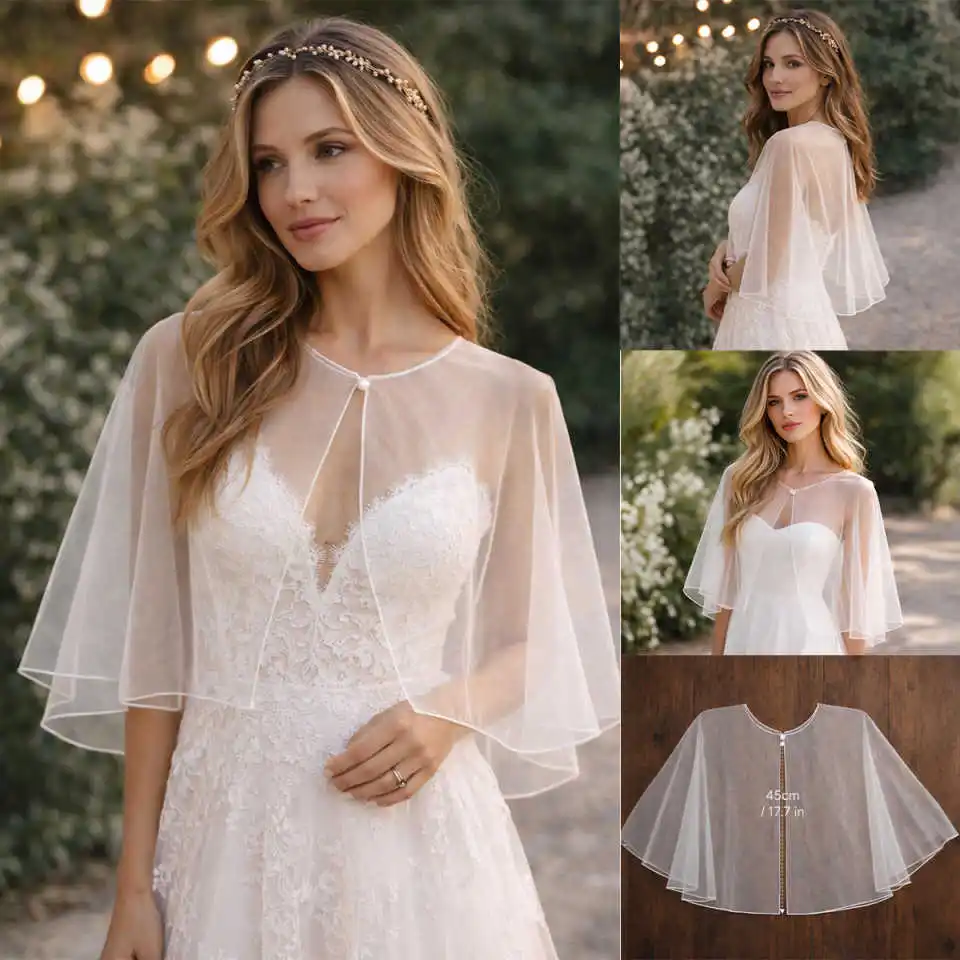 

Simple Sheer Tulle Bridal Cape Round Neck One Layer Elbow Length Brides Wedding Accessories Vestidos De Novia Customized