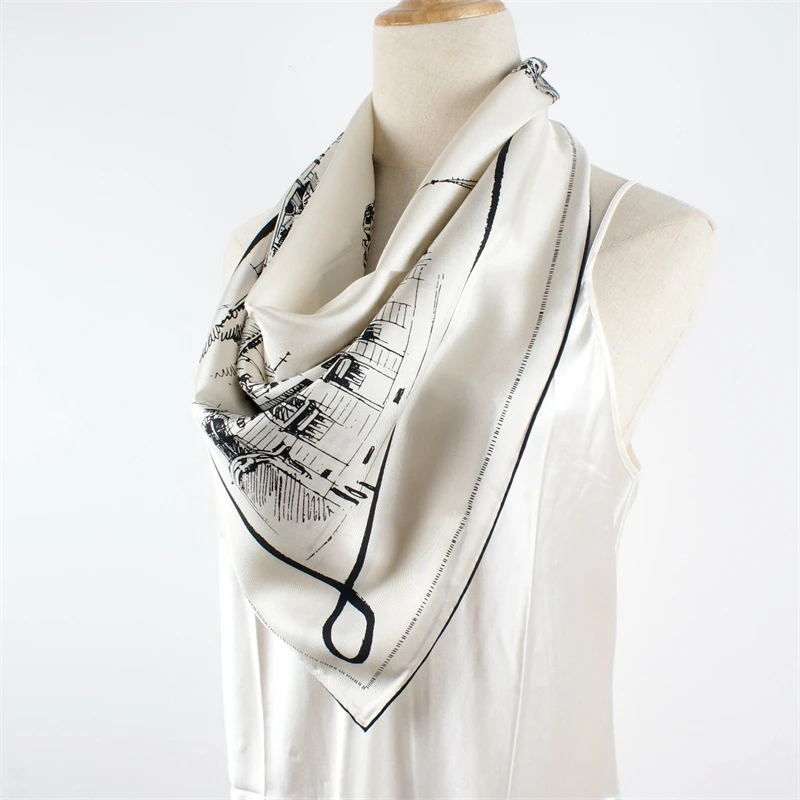 90 Silk Scarf Neckerchief Classic Black White Printed Womens Fashion 100% Silk Scarves Wraps Shawl