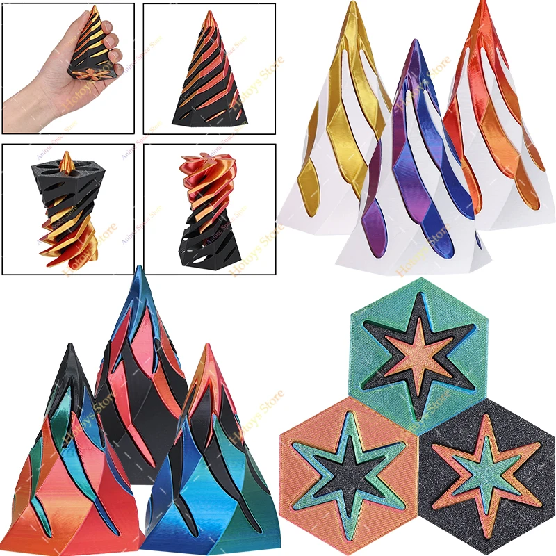 3D-gedrucktes sechseckiges, doppelschichtiges Spiralkegel-Zappelspielzeug, unheilbare Pyramide, Passthrough-Skulptur, antistress, angstlindernd