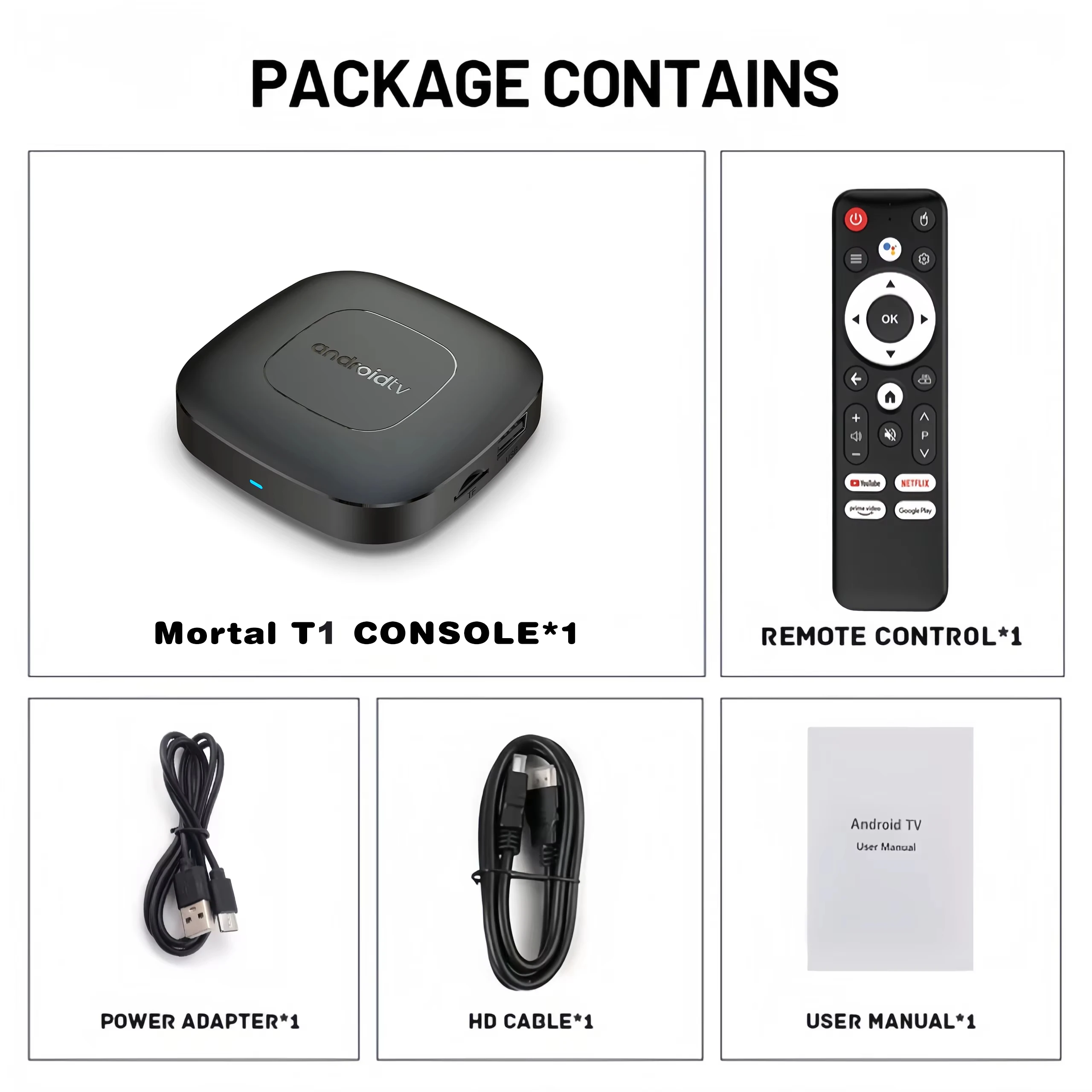 Caixa de TV Smart Home Theater Android16 AllwinnerH313 com Google Assistant, Netflix Streaming, Media Player BT, 2G16G, Wifi 2.4G5G Mortal T1
