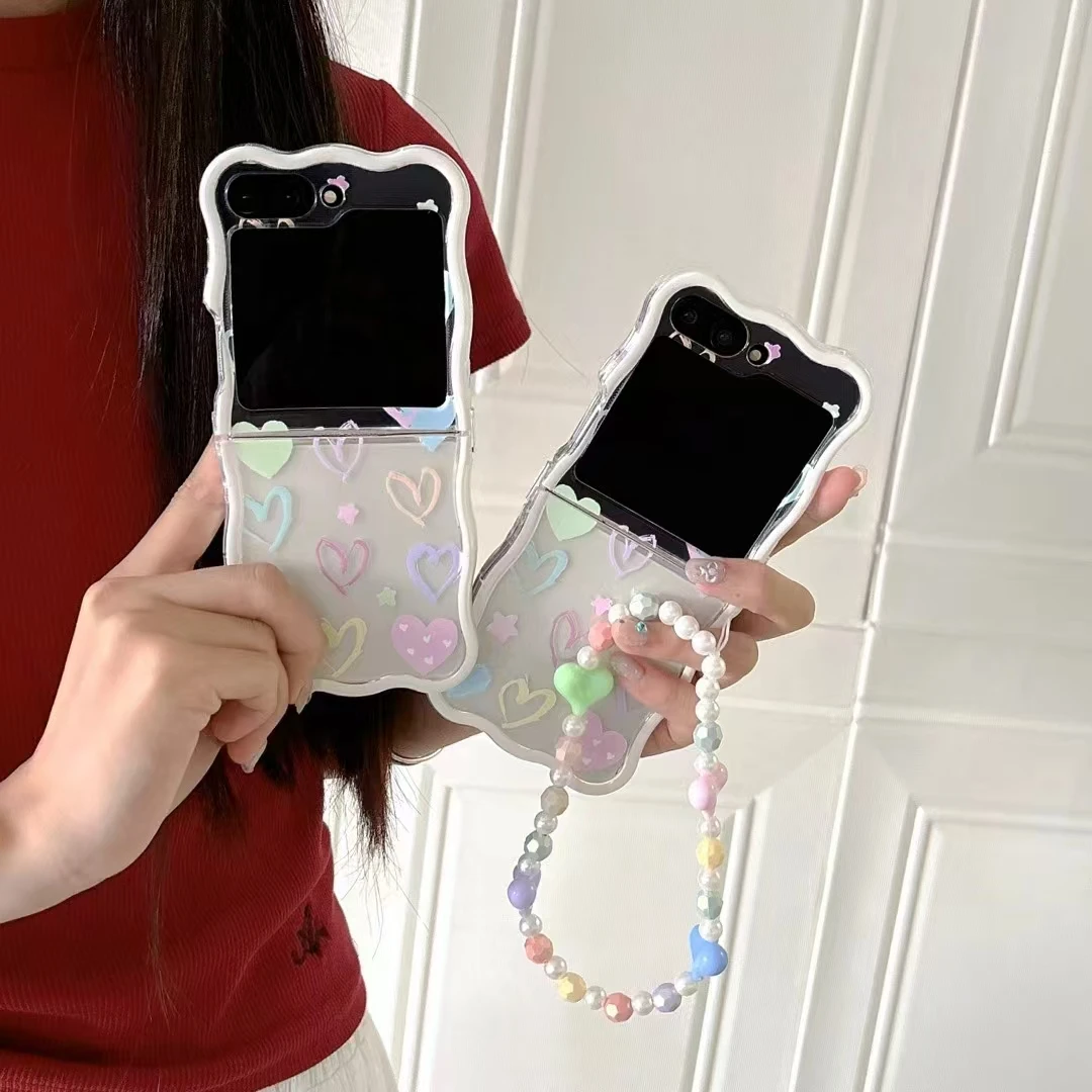 Luxury Crystal Colorful Heart Candy Pearl Wrist Strap Wave Phone Case Cover For Samsung Galaxy Z Flip 6 5 4 3 5G F7110 F7070