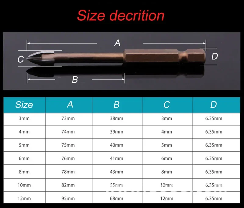 Diameter 3/4/5/6/7/8/10/12mm Glass Drill Bit Alloy Carbide Point with 4 Cutting Edges Tile & Glass Cross Spear Head Drill Bits