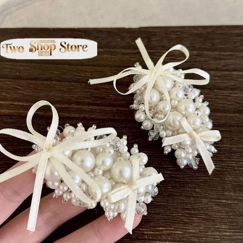 

New French Ballet Style Imitation Pearl Bow Ribbon Women Hairpin Sweet Simple Elegant Bangs Side Clip Headwear