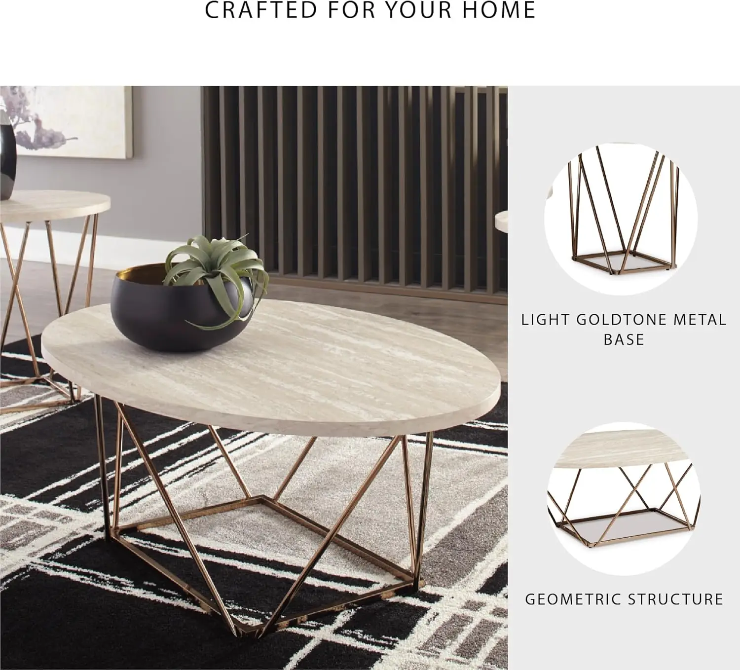 Modern White & Gold 3-Piece Coffee Table Set with Faux Marble Tops, Includes Center and End Tables