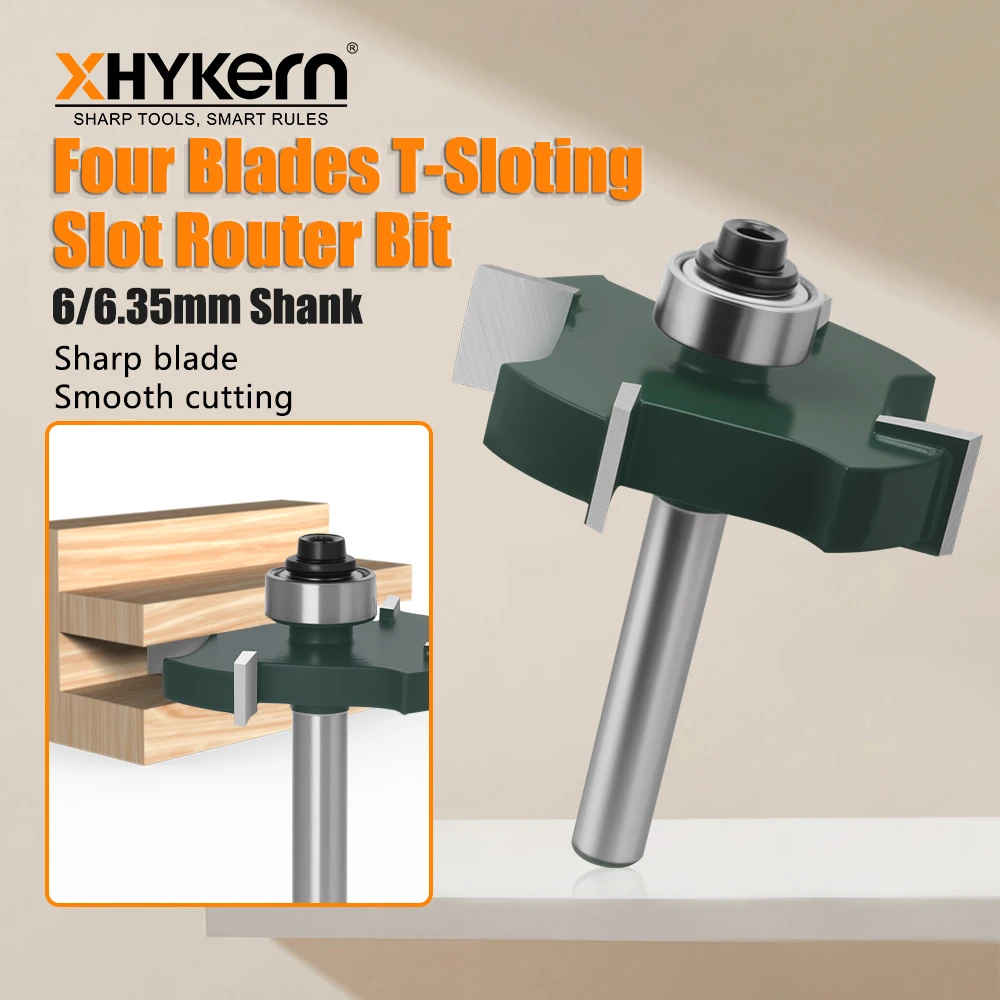 T-Slot Cutter 4 Flute Wood Milling Bit With Ball Bearing, 6mm & 1/4