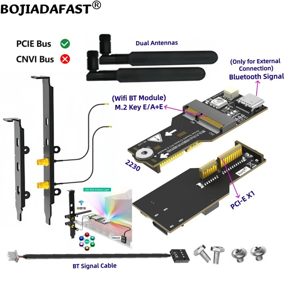 Desktop PCIe X1 PCI-E 1X to NGFF M.2 Key E/A+E Wireless Adapter 2 Antennas With RGB LED for Wifi BT Module