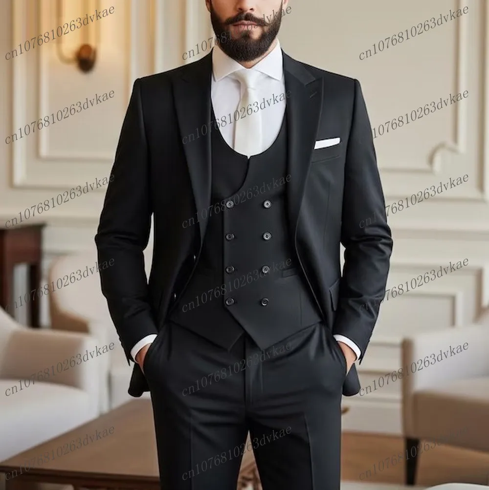 

New Black Business Men Suit Groom Groomsman Wedding Party Prom Formal Occasion Male Tuxedos 3 Piece Set Blazer Vest Pants