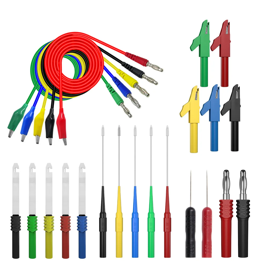 Multimeter-Messleitungssatz. Krokodilklemme auf 4-mm-Bananenstecker. Rückseite der Prüfspitze. Sondensatz