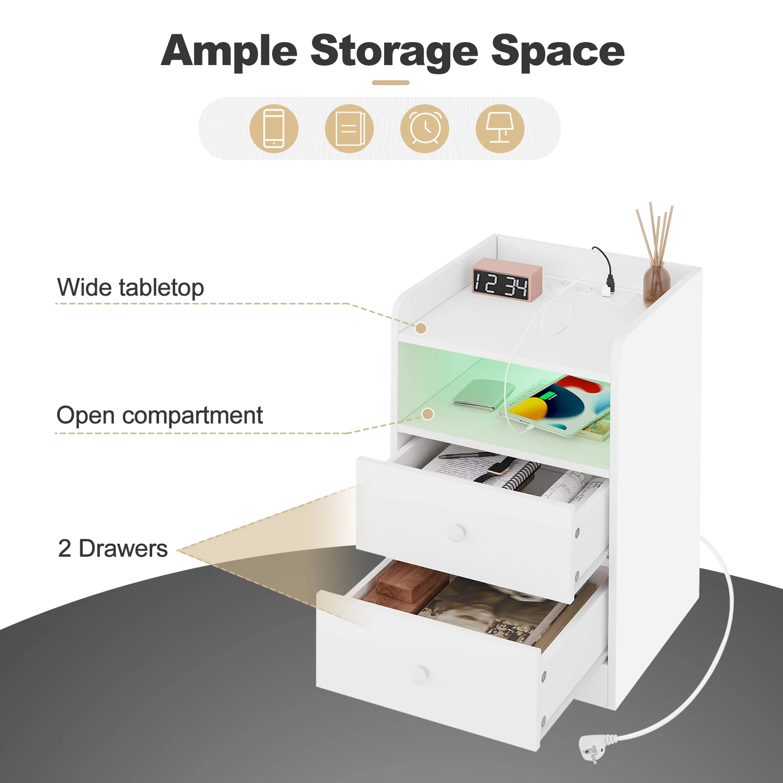 WOLTU Nachttisch, Nachttisch mit Ladestation, USB-Steckdosen, Anschlüsse, Beistelltisch mit LED-Licht, Bettüberzugs-Tisch, Schlafzimmer-Tisch aus Holz – Detail 11