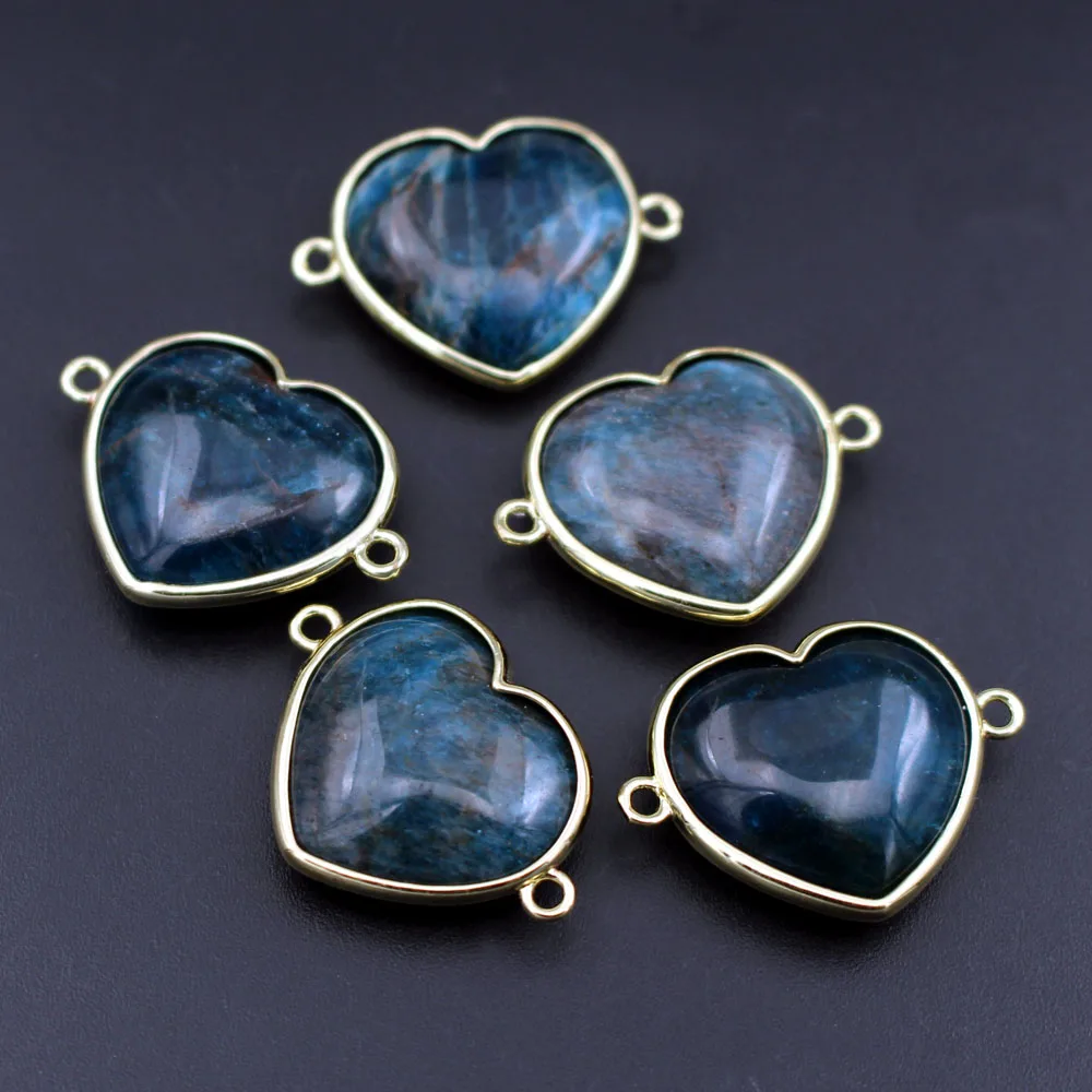 6pcs Heart Smooth Natural Blue Apatite Stone Pendant Connectors DIY for Men Women Gold Plated Chains Necklaces Making