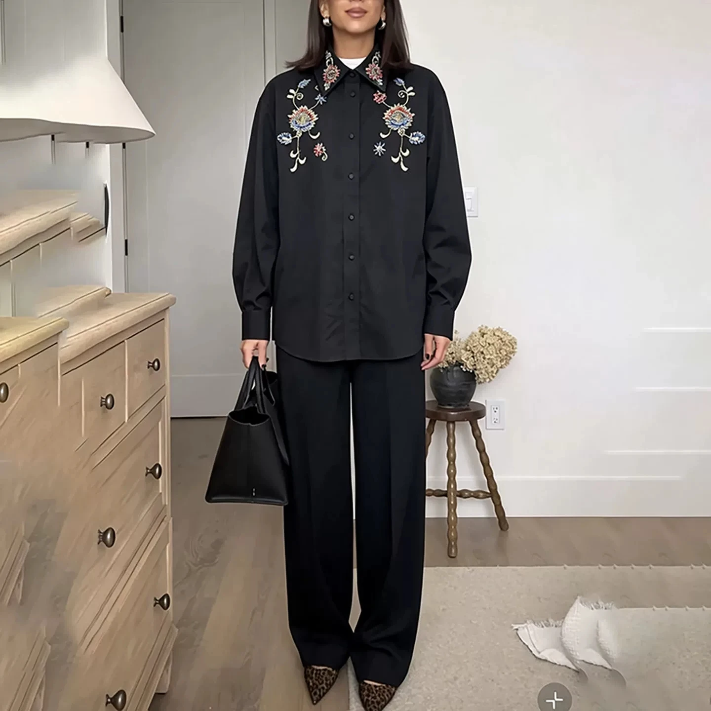 Unisex 100% Wool Shirt Colorful Floral Beaded Embroidery Loose Long Sleeve Layering Jacket For Daily Casual Black Top