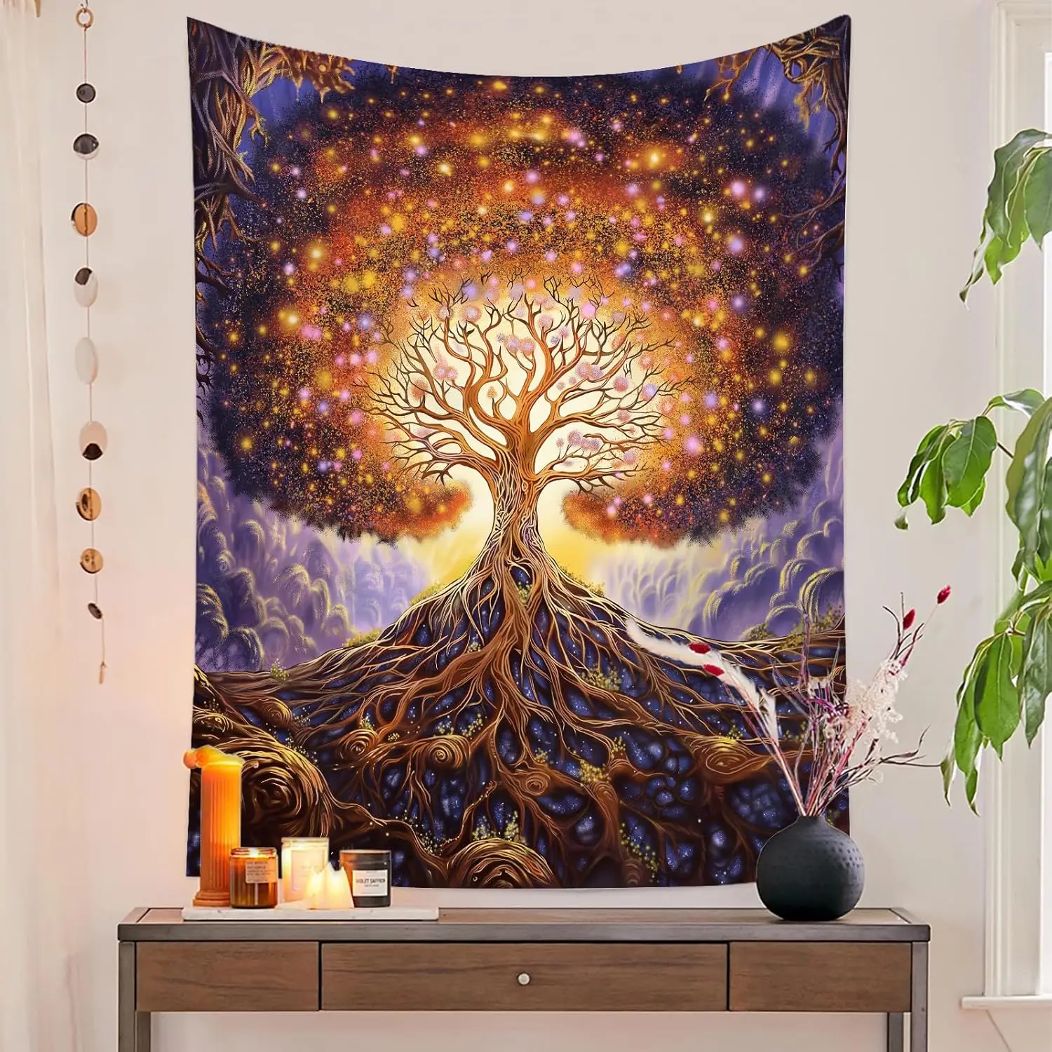 Tree of Life Tapestry - Spiritual Star Galaxy Vertical Wall Hanging Boho Botanical Orange Purple Wall Art Aesthetic for Bedroom