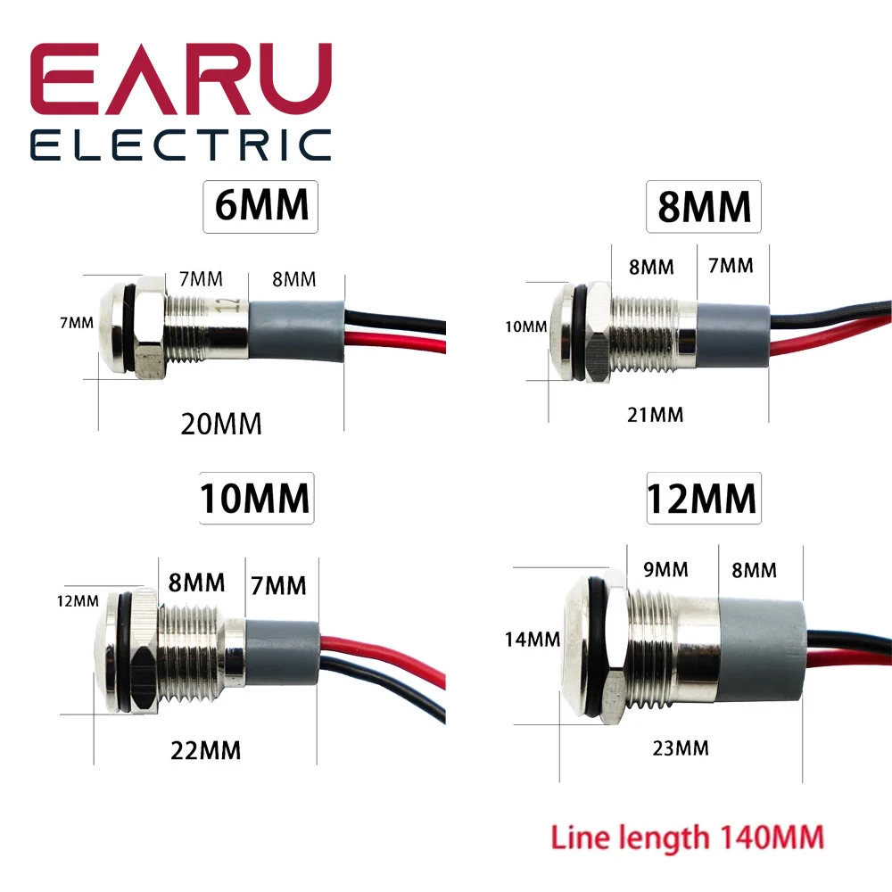 6mm 8mm 10mm 12mm 14mm Metal LED Warning Indicator Light Waterproof IP67 Signal Lamp Pilot Wires Switch 3V 5V 12V 220V Red Blue