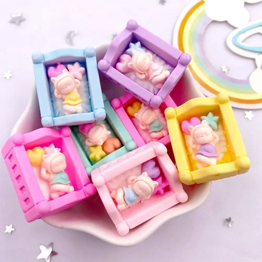 5PCS Painted Resin  Kawaii Colorful Cartoon Baby 3D Bed Flatback Stone Figurines Art Scrapbook DIY Home Decor Accessories Crafts