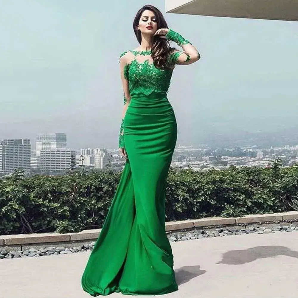 Elegant Green Stain Evening Dresses Mermaid Backless Illusion Long Sleeves Prom Gowns Floor Length Dubai Formal Party Dress 2024