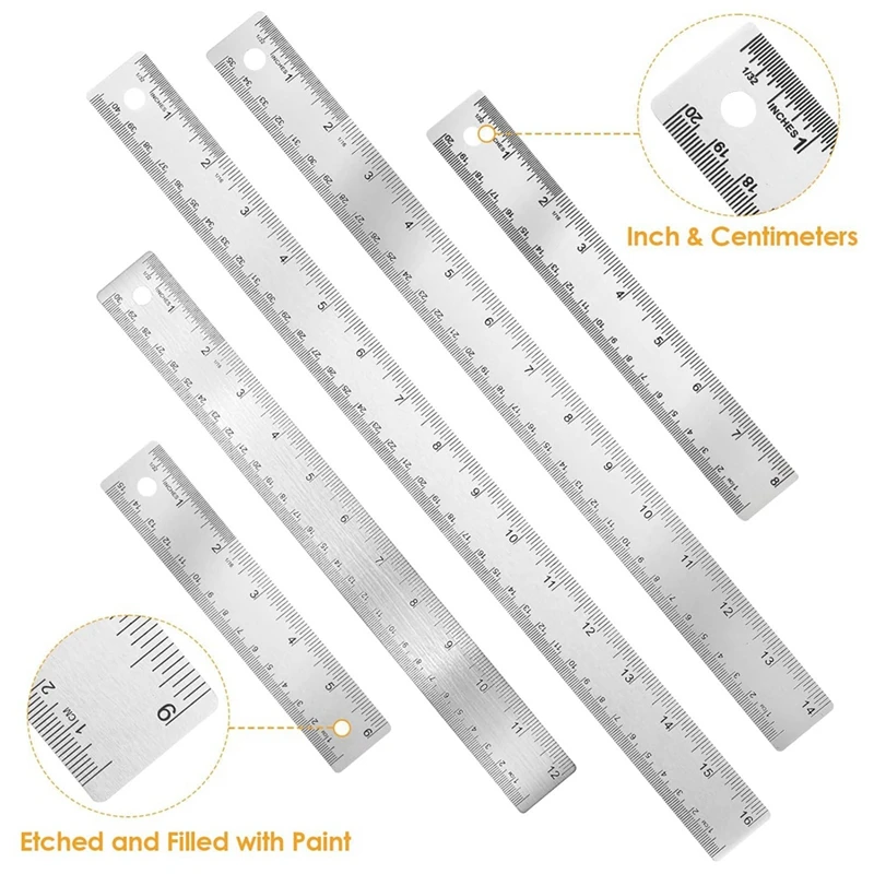Top-5Pcs Cork Backed Ruler Stainless Steel Ruler, 6/8/12/14/16 Inch Metal Ruler,Straight Edge Ruler Non-Slip Metal Rulers
