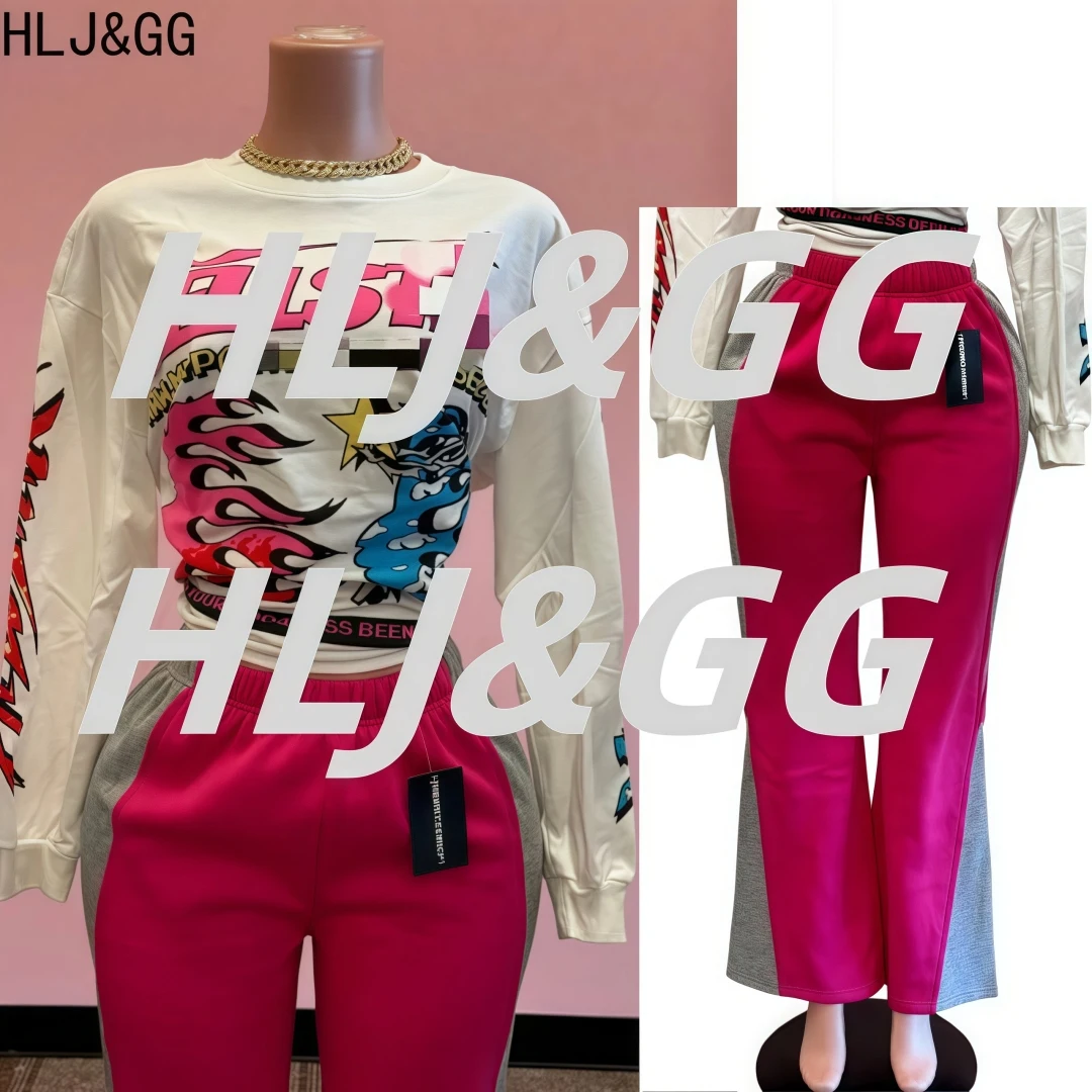 

HLJ&GG American Trend Fashion Pattern Printing Tshirts Two Piece Sets Women Round Neck Long Sleeve Top + Drawstring Pants Outfit