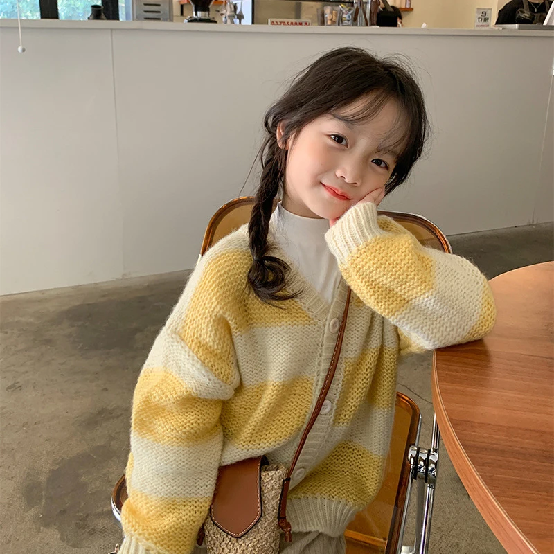 

Kids Girls Striped Sweater Cardigan 2022 Spring Autumn New Single Breasted Long Sleeve Tops Korean Sweet Knitted Coat