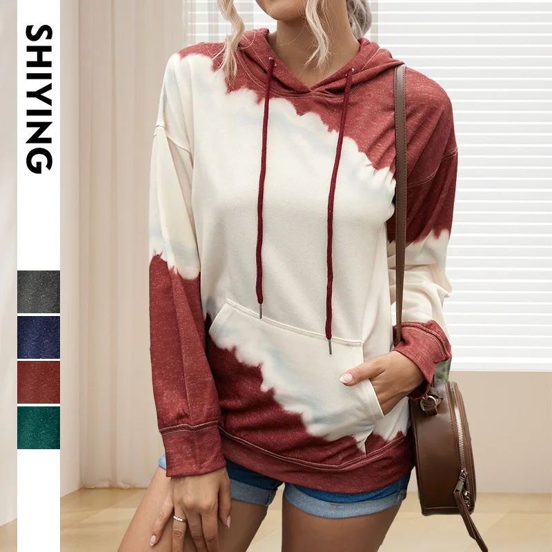 2024 Spring Women Contrasting Colors Casual Hoodie Long Sleeve with Front Pockets Sweatshirt Hooded Jacket Streetwear