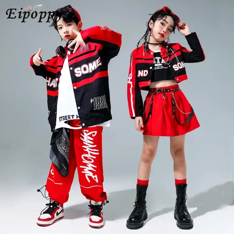 

Girls Crop Coat Street Dance Skirts Clothes Sets Boys Hip Hop Motorcycle Jacket Joggers Pants