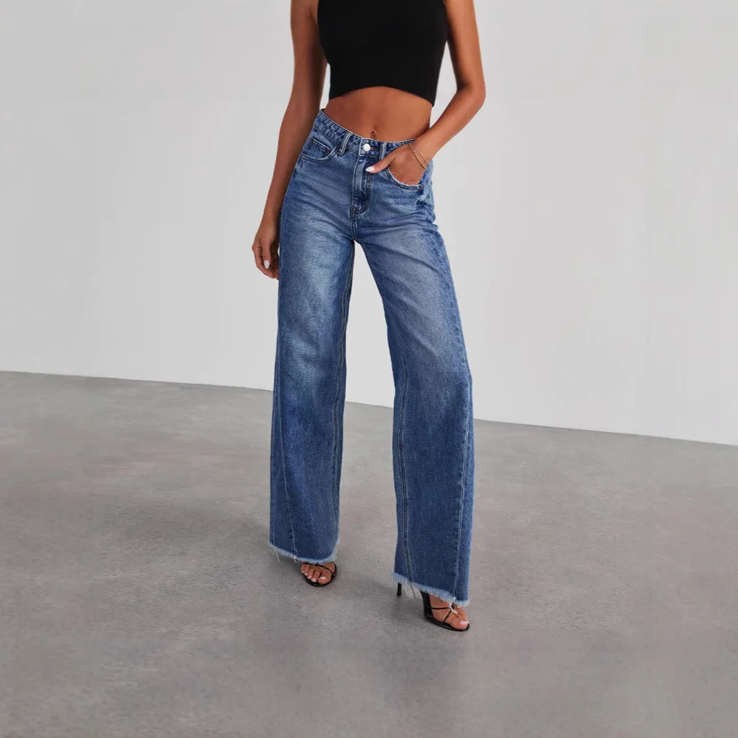 

Spring Summer Women's Baggy Wide Leg Hem Low Rise Jeans Straight Leg Denim Pants Natural Waist Folded Deep Light Color