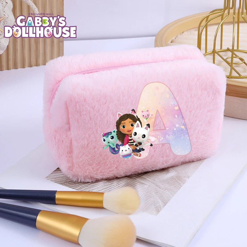 

Gabby Dollhouse Female Fluffy Makeup Bag Anime Print Letter Portable Toiletry Bag Women Travel Zip Storage Cosmetic Pouch Gift