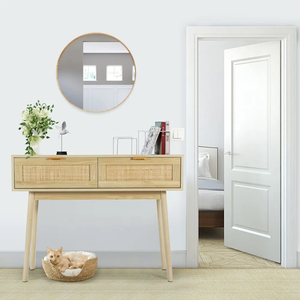 

Sturdy Console Table Rattan Desk with Drawers, Oak Narrow Sofa Table with Pine Leg, Modern Small Entryway Table for Hallway