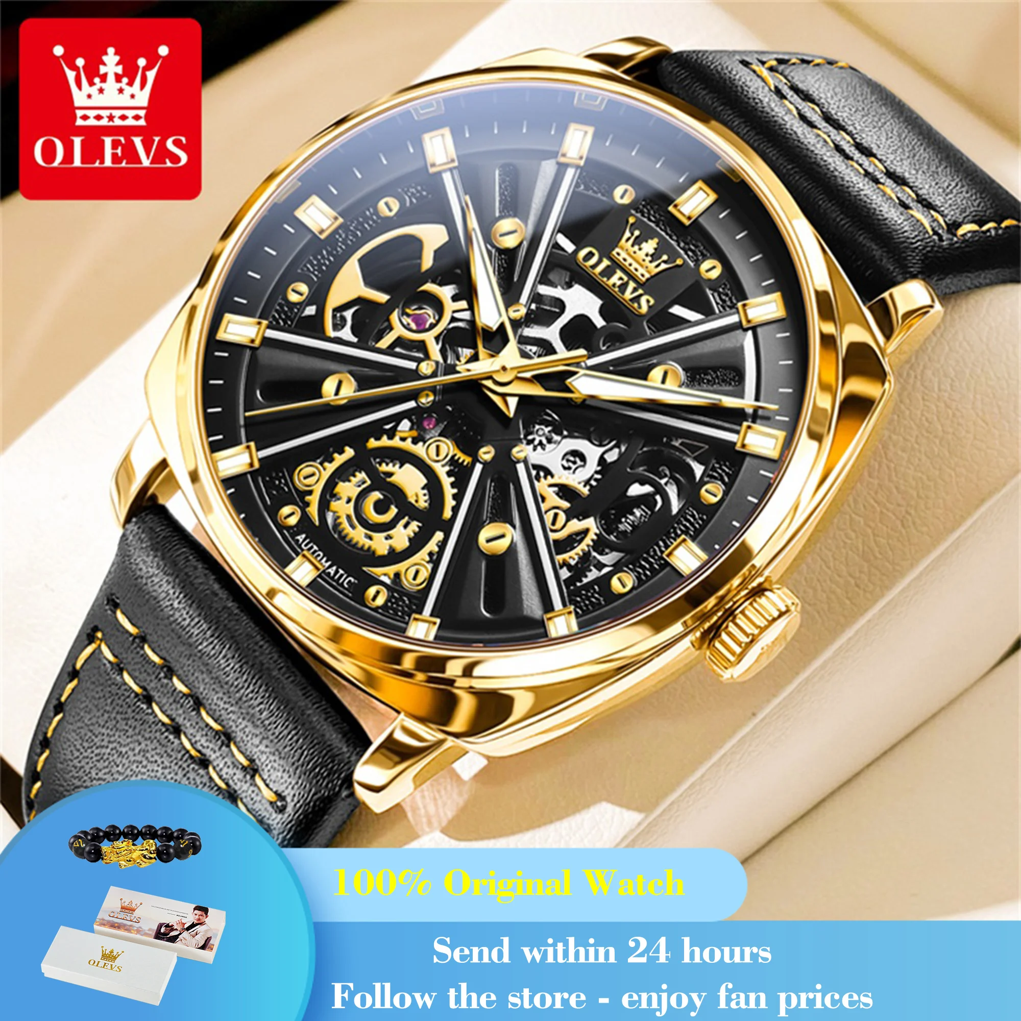 

OLEVS 6685 Luxury Automatic Dress Wristwatch Hollow Skeleton Mechanical Watch For Men Waterproof Luminous Leather Man Watch 2024