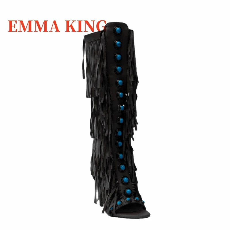 Sexy Blue Gemstone Knee-high Boots Open Toe Back Zipper Stiletto Heel Boot Fashion Catwalk Tassel Gladiator Sandals Women Summer