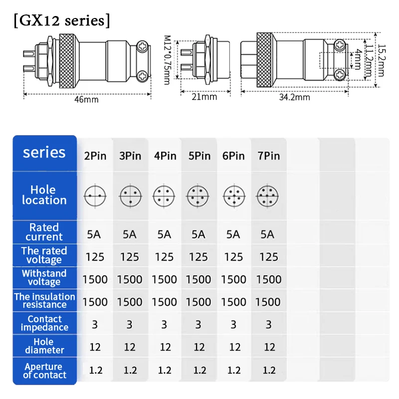 10/20/100PCS GX12 Waterproof Circular Wire Connectors: Male Female Socket Flange Square Block Plug for 2-7 Pin, 5A 125V Capacity