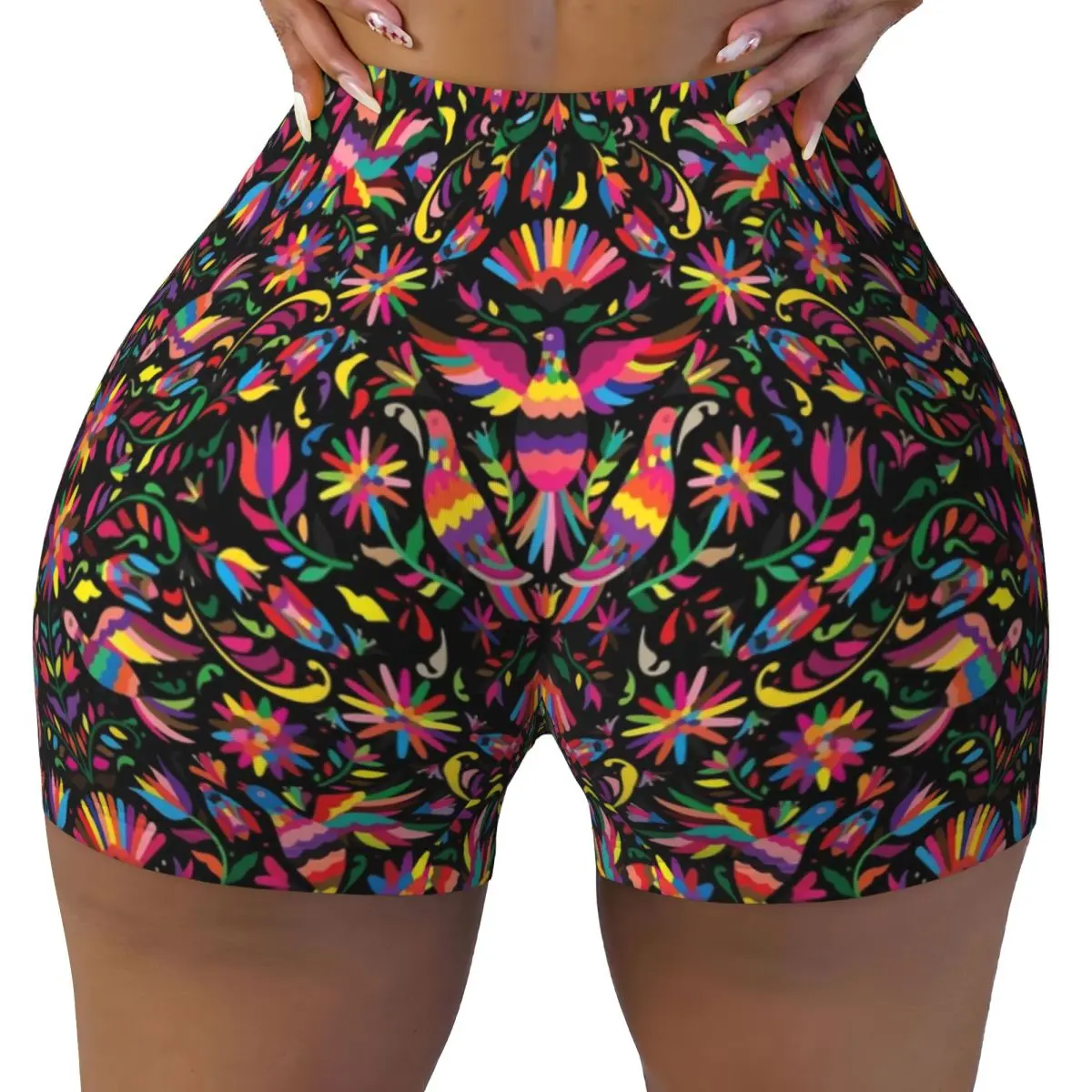 Custom Mexican Flowers Otomi Art Pattern Volleyball Biker Workout Shorts for Women Athletic Gym Yoga Shorts