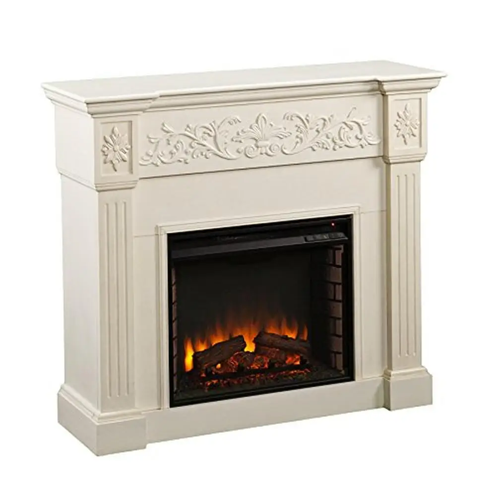 Traditional Ivory Electric Fireplace with Carved Floral Trim Remote Control Energy Efficient Safe 44.5