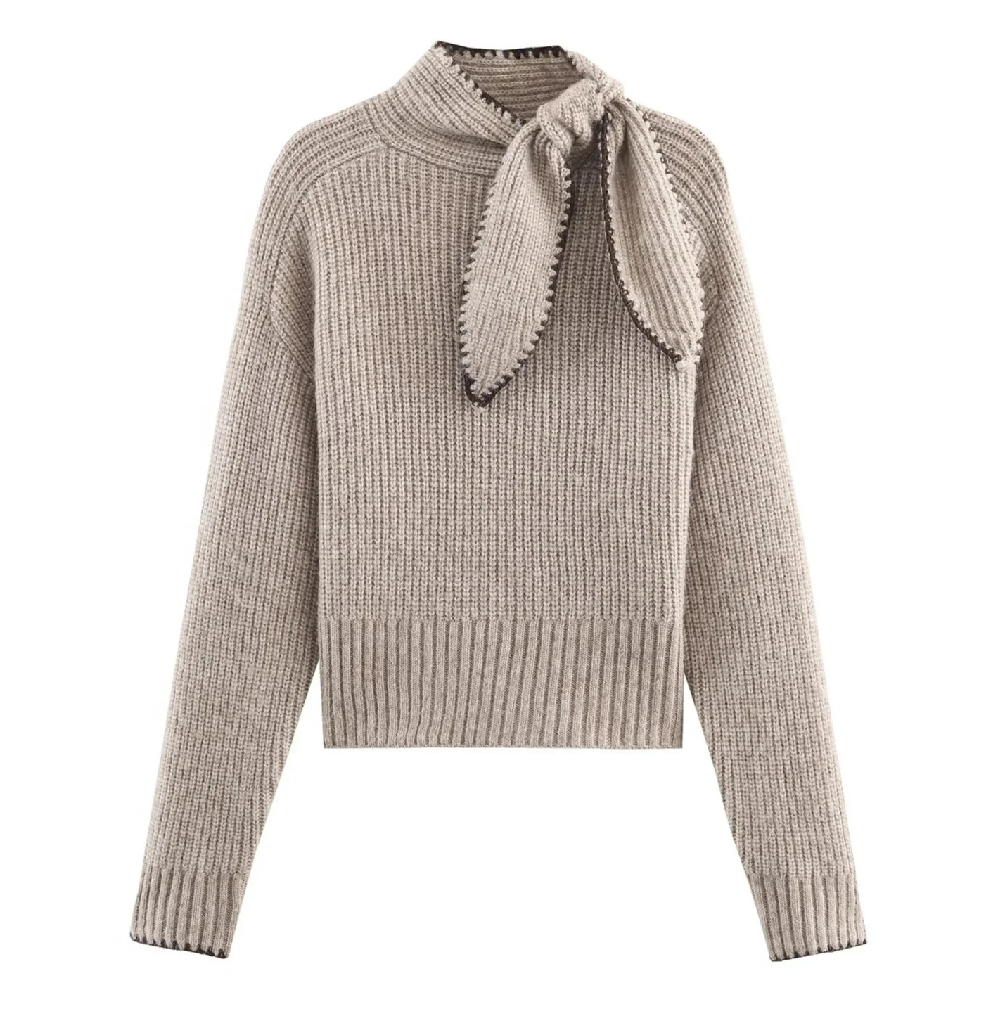 Novo feminino casual doce moda solta manga comprida gola arco-embelezado camisola de malha