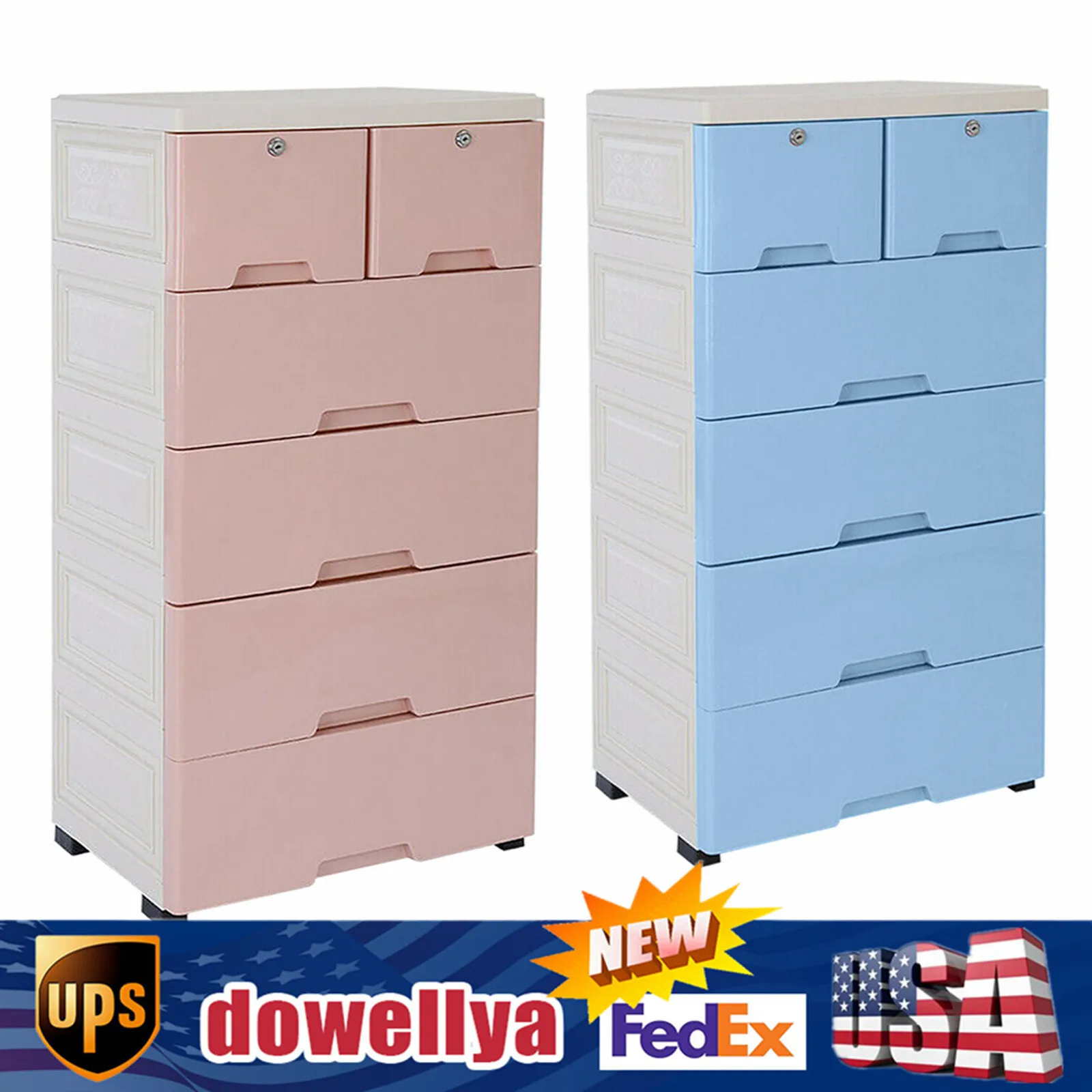 

Clothes Storage Cabinet with 6 Drawers and Lock & Keys, Dresser Organizer, 4 Wheels Blue