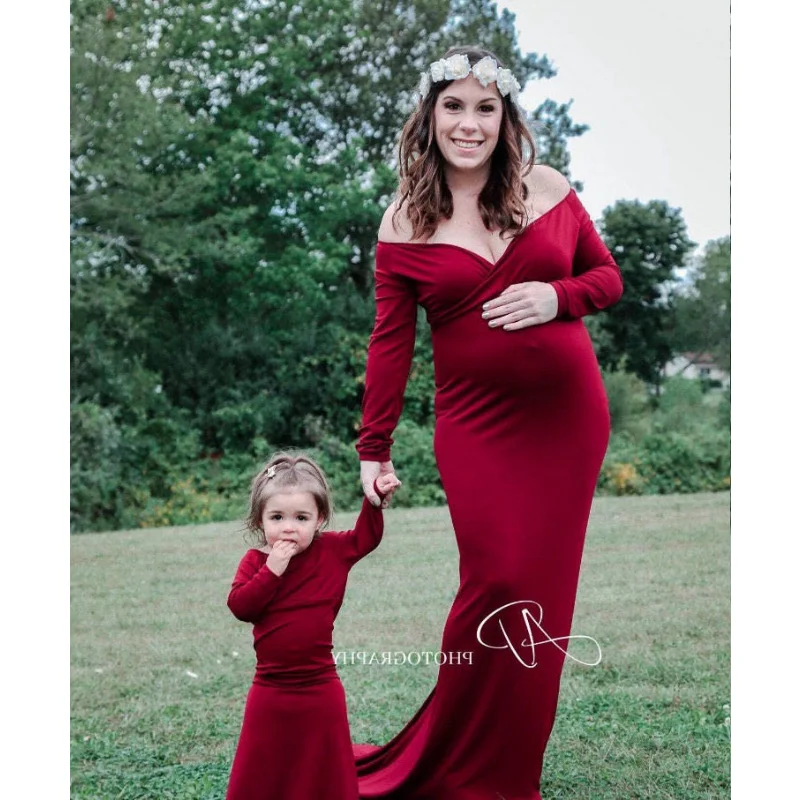 Maternity Elegant Fitted Gown pregnant photo shoot clothing Long Sleeve V Neck Ruched Slim Fit Maxi pregnant Long Dress