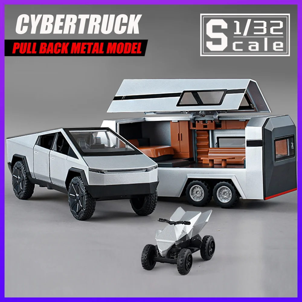 Scale 1:32 Tesla Cybertruck Pickup RV With Motorcycle Diecast Metal Model Toy Vehicle Sound and Light for Kids Boys Collection