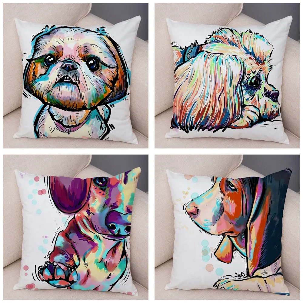 50 Style Cute Watercolor Pet Dog Pillow Case Decor Cartoon Animal Pillowcase Soft Plush Cushion Cover for Car Sofa Home 45x45cm
