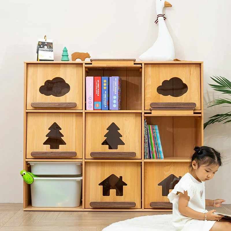 

Children's floor-to-ceiling bookshelf locker Solid wood foot storage Living room lattice storage cabinet combination