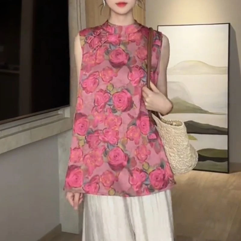 Nuevo traje chino sin mangas de gama alta para mujer, Top de Jacquard reductor de edad, pantalones de pierna ancha, conjunto de dos piezas que hace un aspecto más delgado