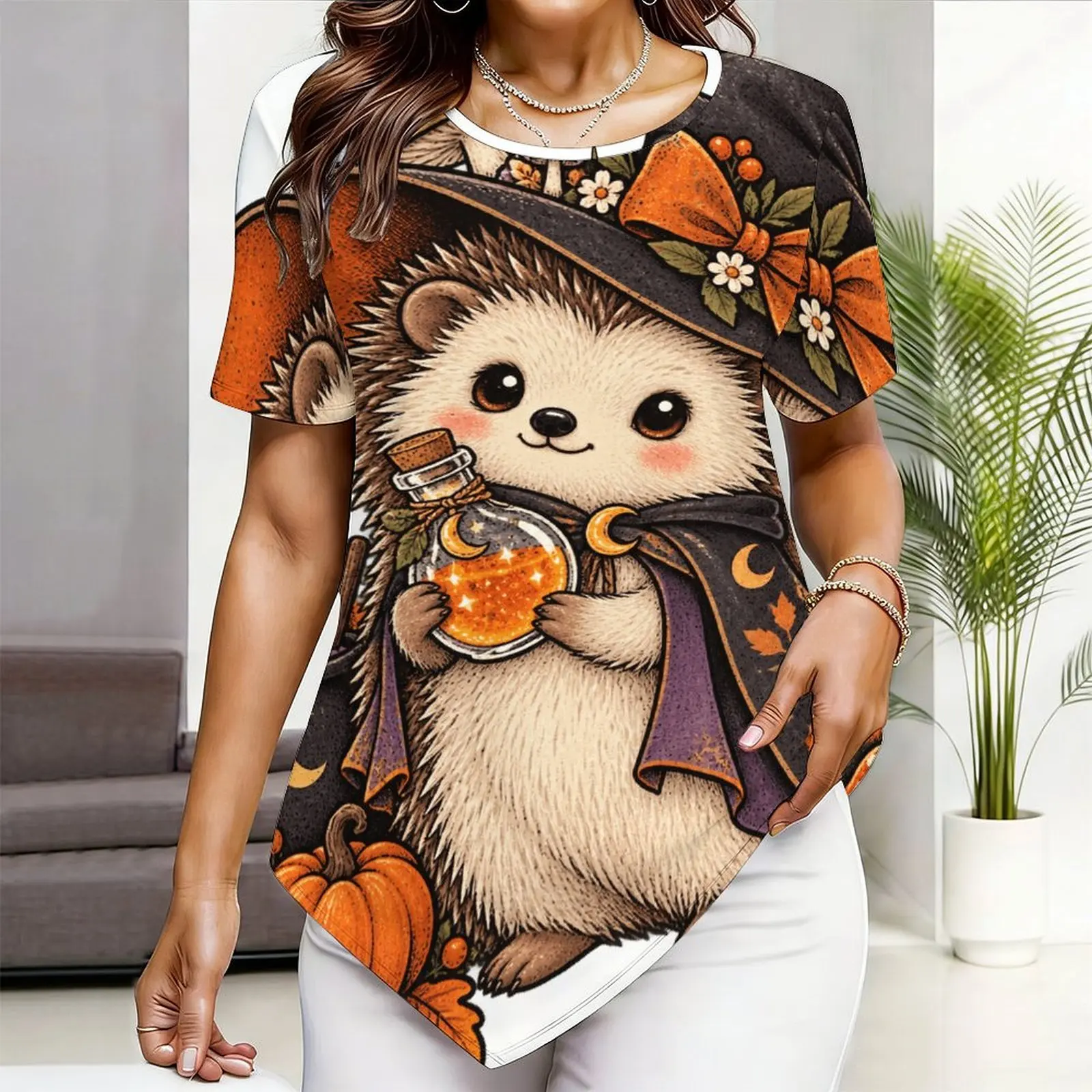 Women Printed Top Round Neck Short Sleeve Pointed Hem