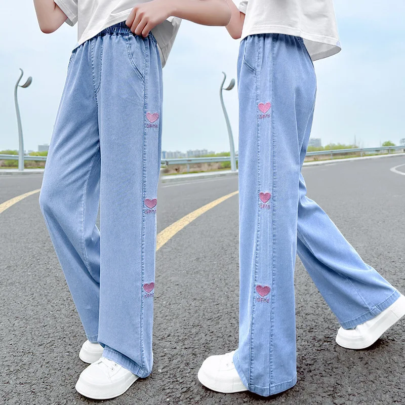 Girls Summer Thin Denim Jeans Spring Summer Kids Lightweight Wide Leg Denim Pants Children's Clothing Natural Waist Trousers