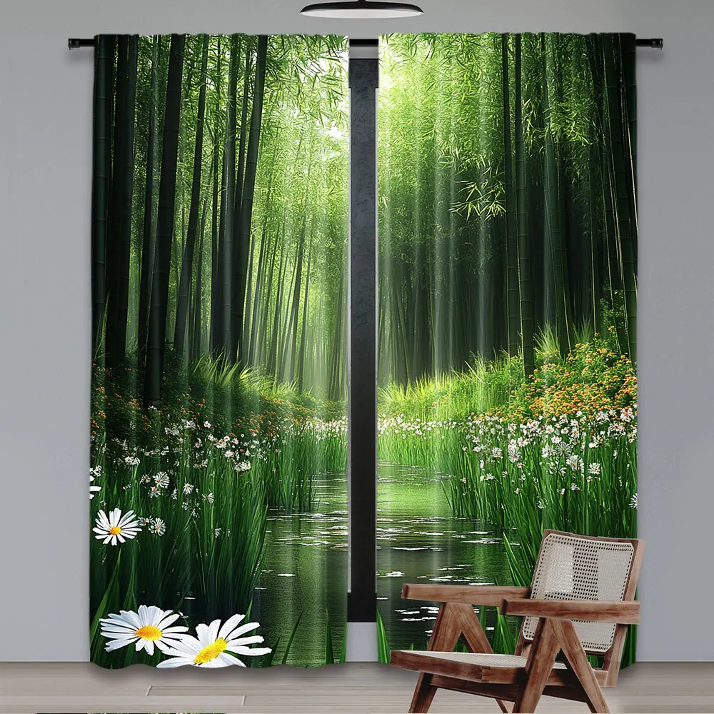 2Pcs Aesthetic Bamboo Forest Floral Curtain Decor For Home Office Universal Spring Summer Decor For House Modern Simplistic