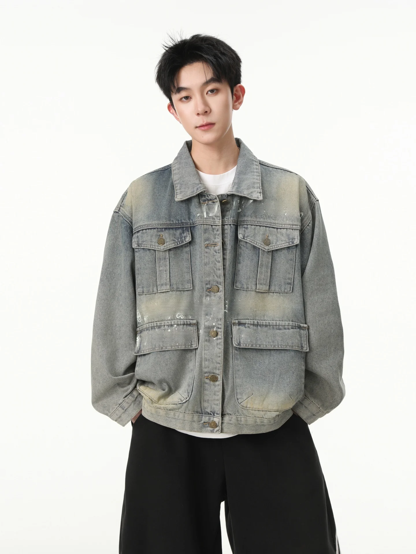 American Style Worn-In Denim Jacket Men's Letter Print Multi-Pocket CleanFit Loose Workwear Casual Jacket