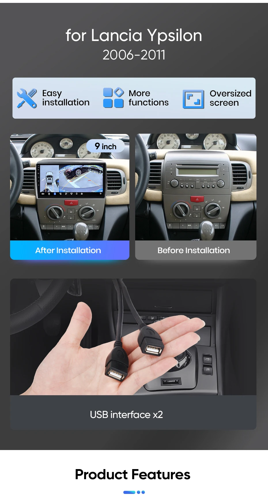 Junsun Android Auto Autoradio für Lancia Ypsilon 2006 2007 2008 2009 2010 2011 Multimedia Wireless Apple CarPlay Intelligente Systeme IPS Touchscreen Stereo Video Player 2 Din Autoradio Head Unit Navigation BT GPS 4G WIFI FM AM DSP RDS SWC – Detail 7