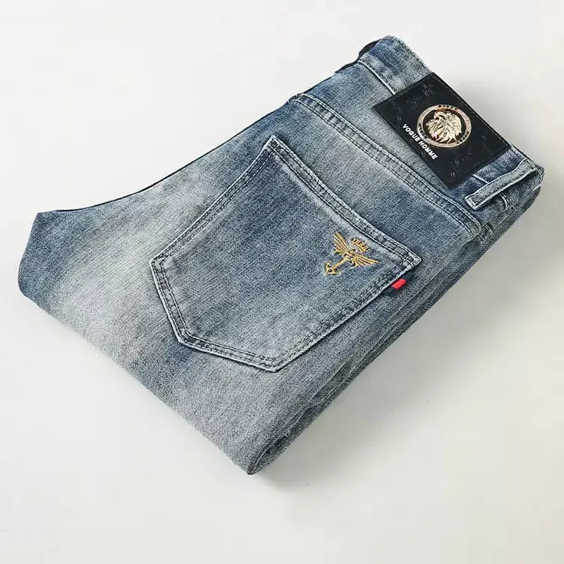 Pantalones vaqueros de diseñador de moda para hombre, Jeans Retro azules elásticos, ajustados, Vintage, bordados, clásicos, casuales, alta calidad